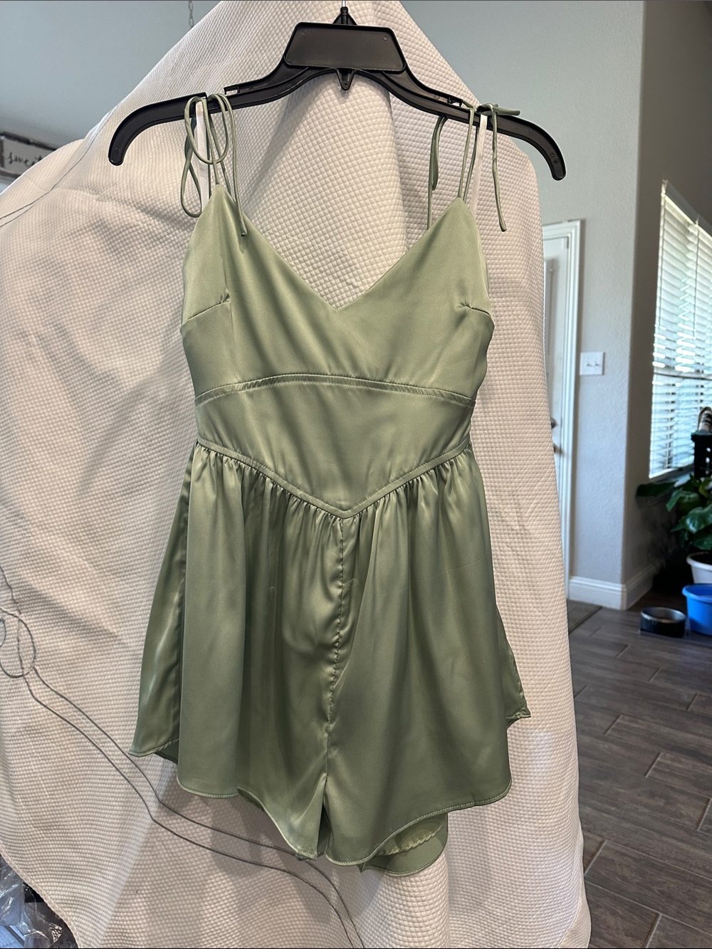 More To Come Fiona Satin Romper Sage Green Tie Strap XS
